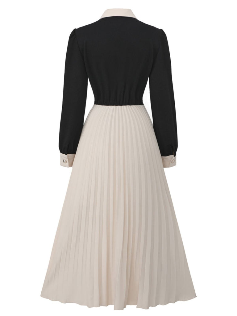 1940s Lapel Color-Block Pleated Swing Dress