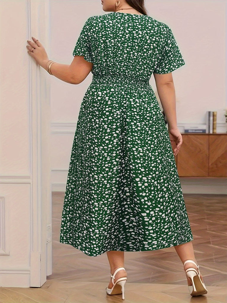 [Plus Size] Green 1940s V-Neck Ditsy Floral Dress