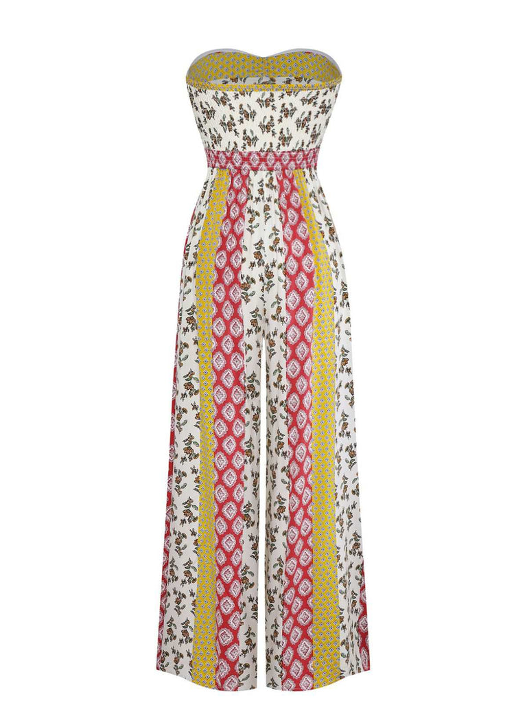 1970s Strapless Floral Geometric Print Boho Jumpsuit
