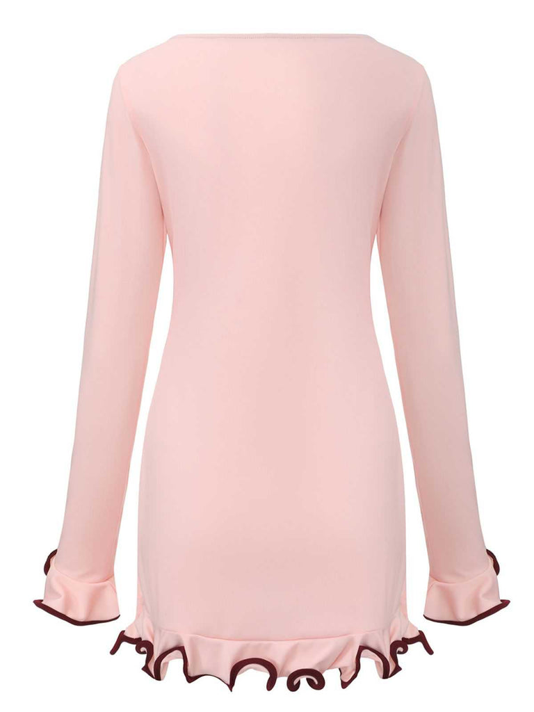 Pink 1960s Ruffle Hem Long Sleeve Dress