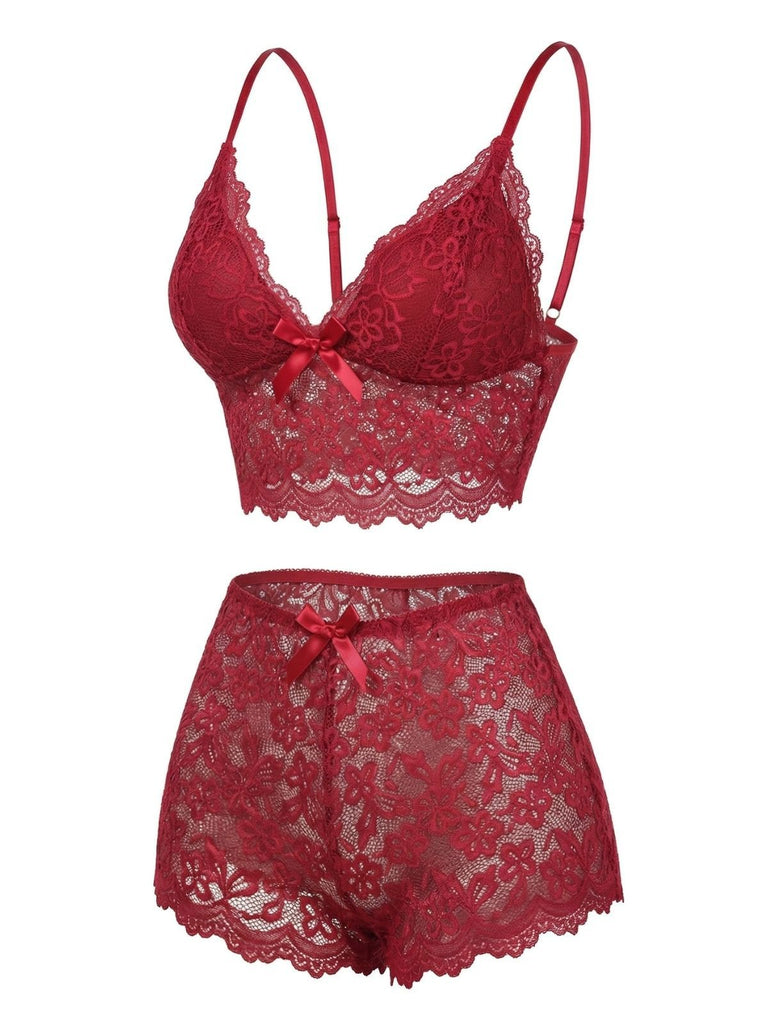 Red 1960s Spaghetti Strap Lace Floral Bow Pajama Set