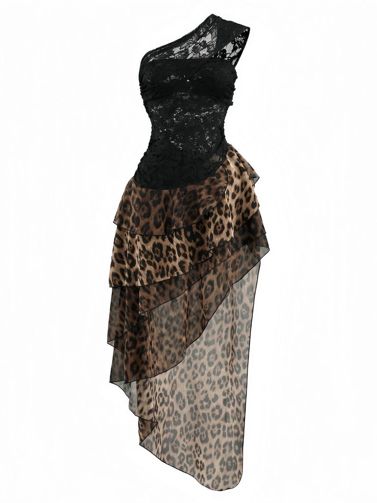 Black 1980s Lace Leopard Print Asymmetrical Dress
