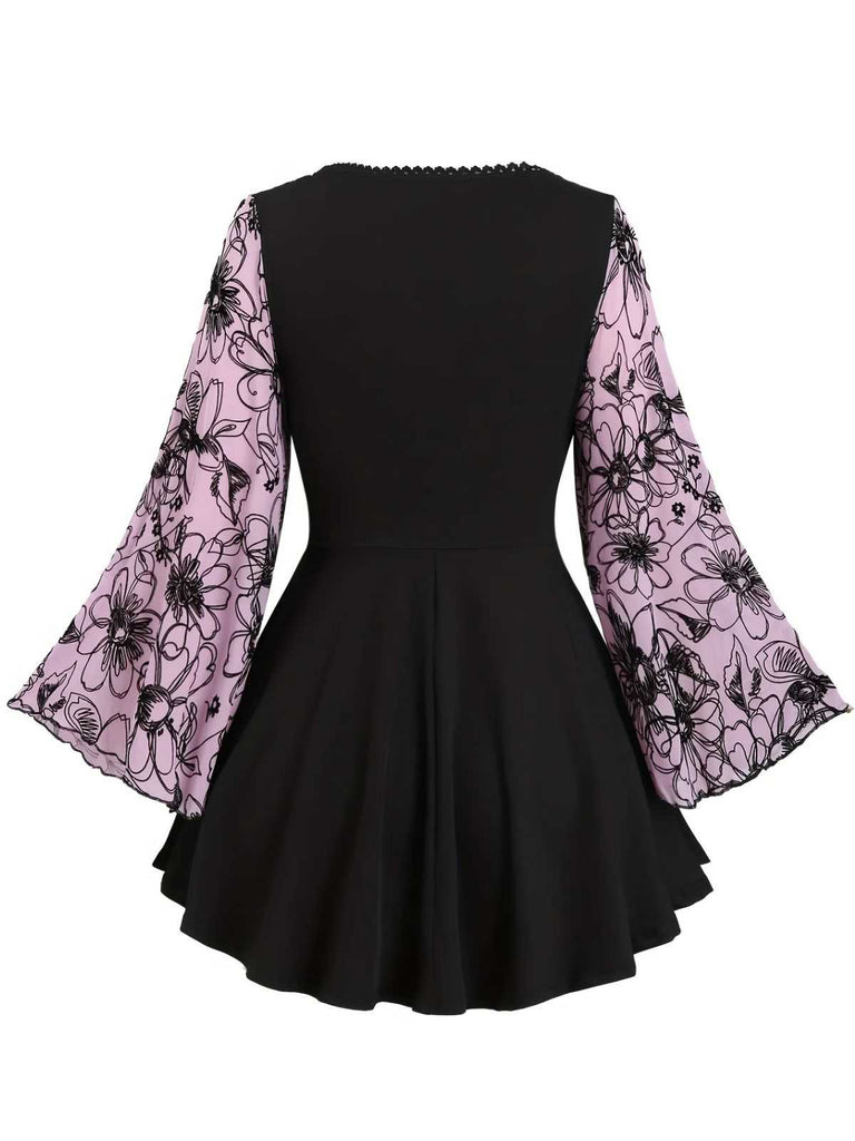 [Plus Size] 1960s Flared Sleeve Drawstring Floral Blouse