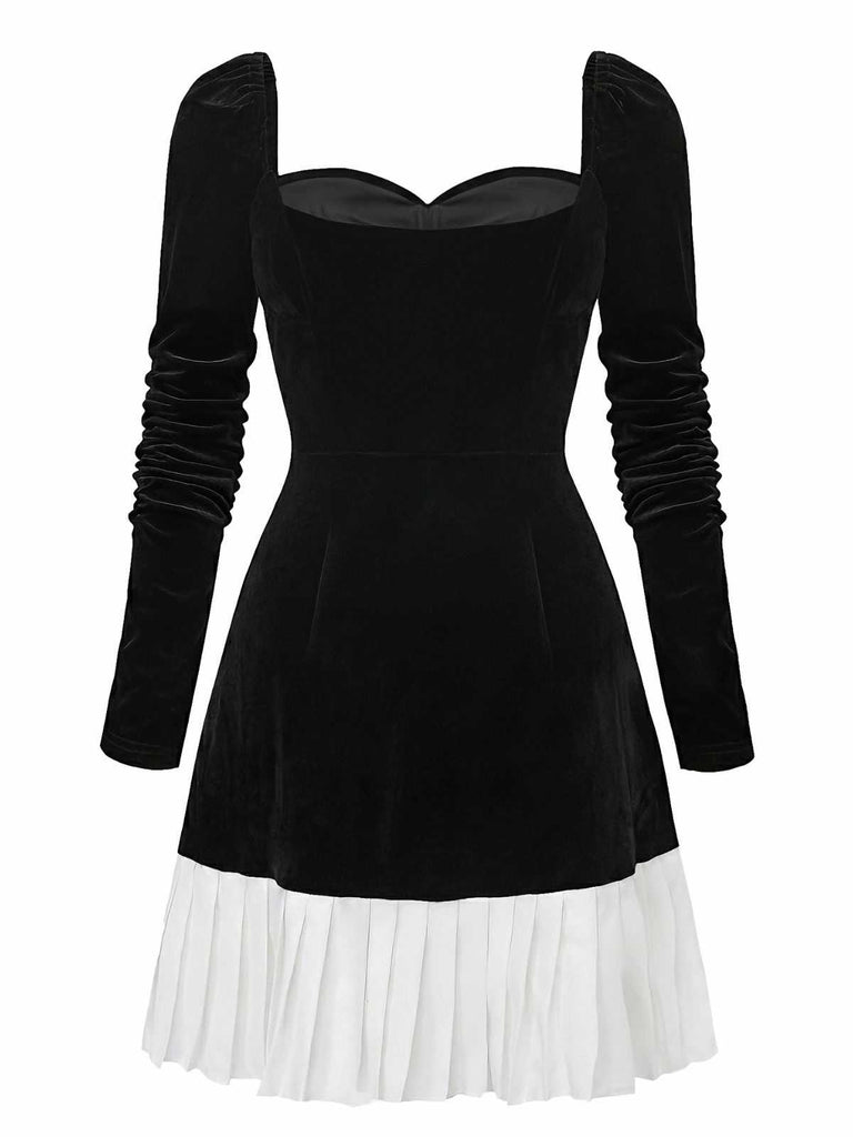 1960s Sweetheart Neck Contrast Velvet Pleated Hem Dress