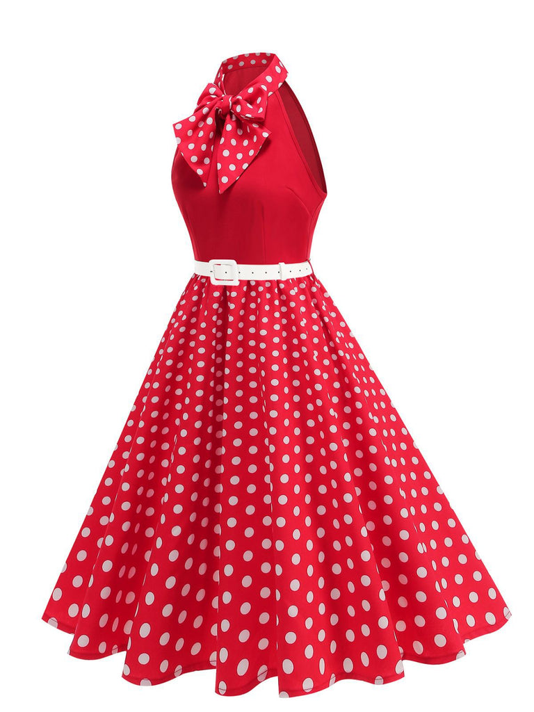 1950s Bow Tie Neck Polka Dot Belted Dress