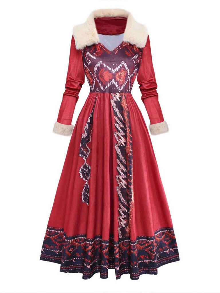 Red 1970s Detachable Fur Collar Boho Dress