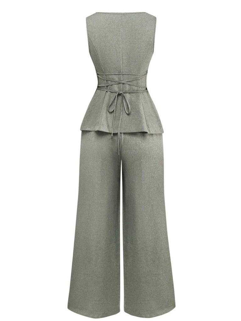 2PCS Solid 1940s Sleeveless Top & Wide-Leg Pants