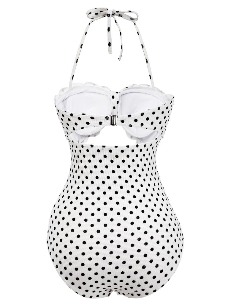 White 1940s Polka Dot Lace Up Halter Swimsuit