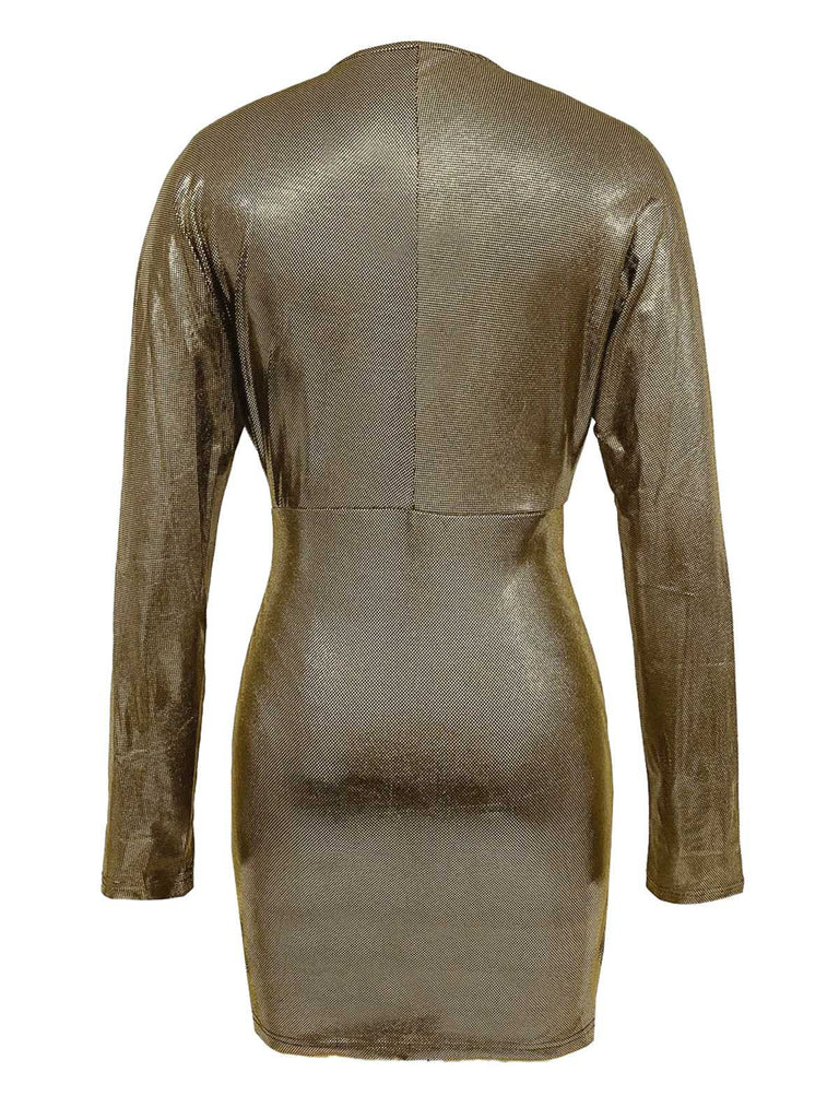 Gold 1980s Deep V Sparkle Ruched Bodycon Dress