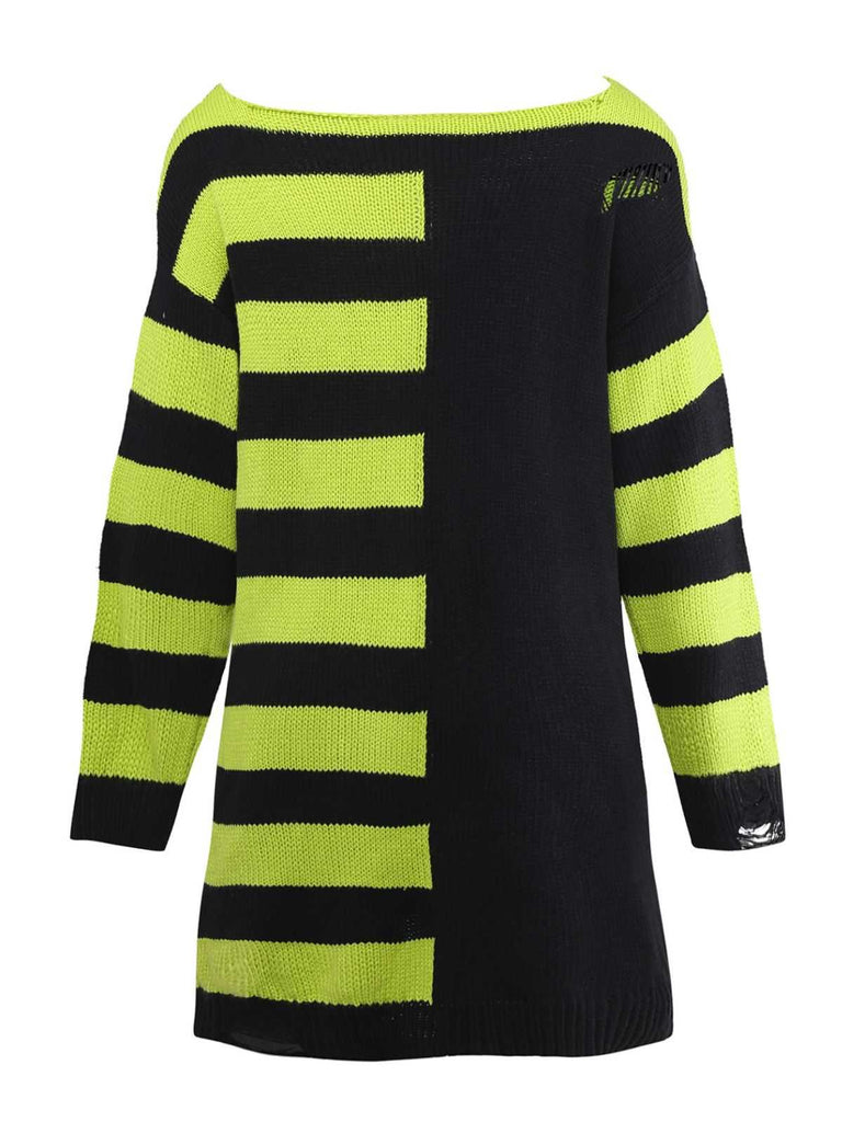 1980s Halloween Lace-Up Striped Distressed Knit Sweater