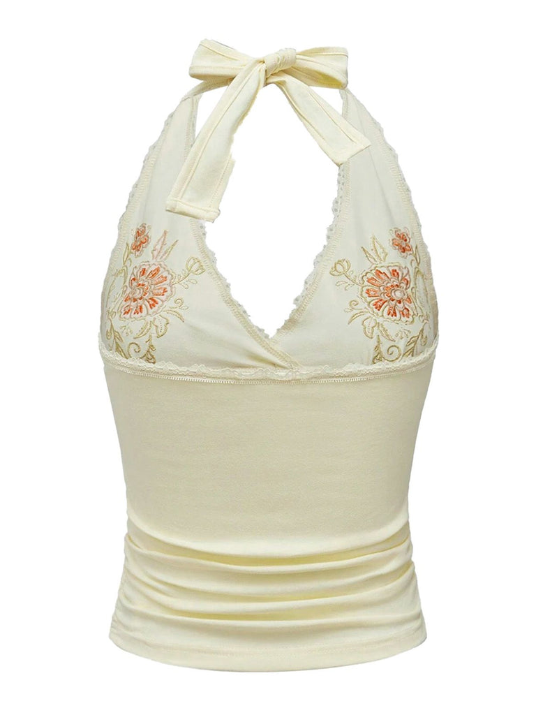 Ivory 1980s Embroidered Lace Floral Halter Top