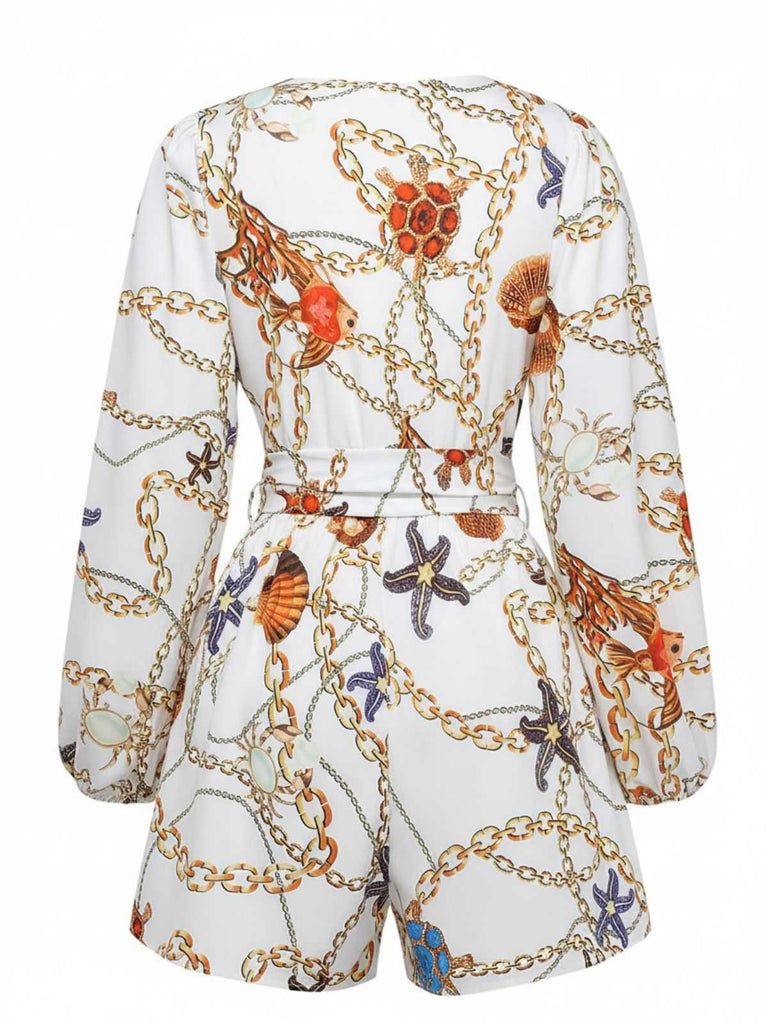 1960s V-Neck Chain Seashell Waist Cutout Romper