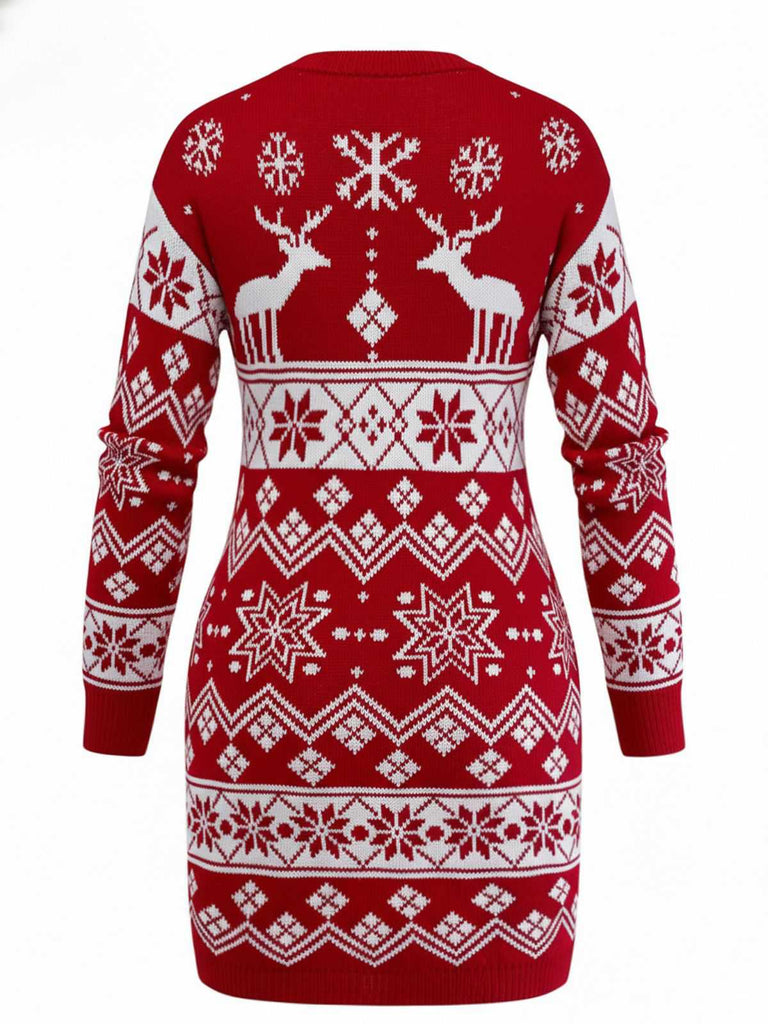 1960s Christmas Reindeer Snowflake Jacquard Knit Dress