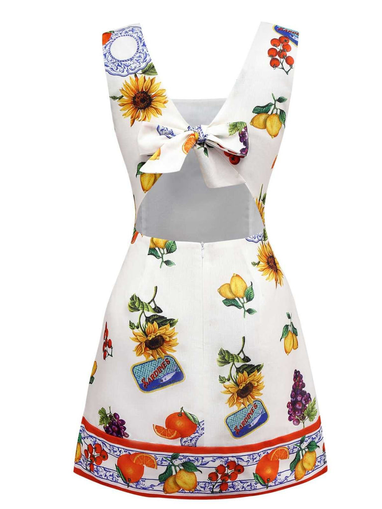 1960s Square Neck Fruit Sunflower Tie-Back Dress