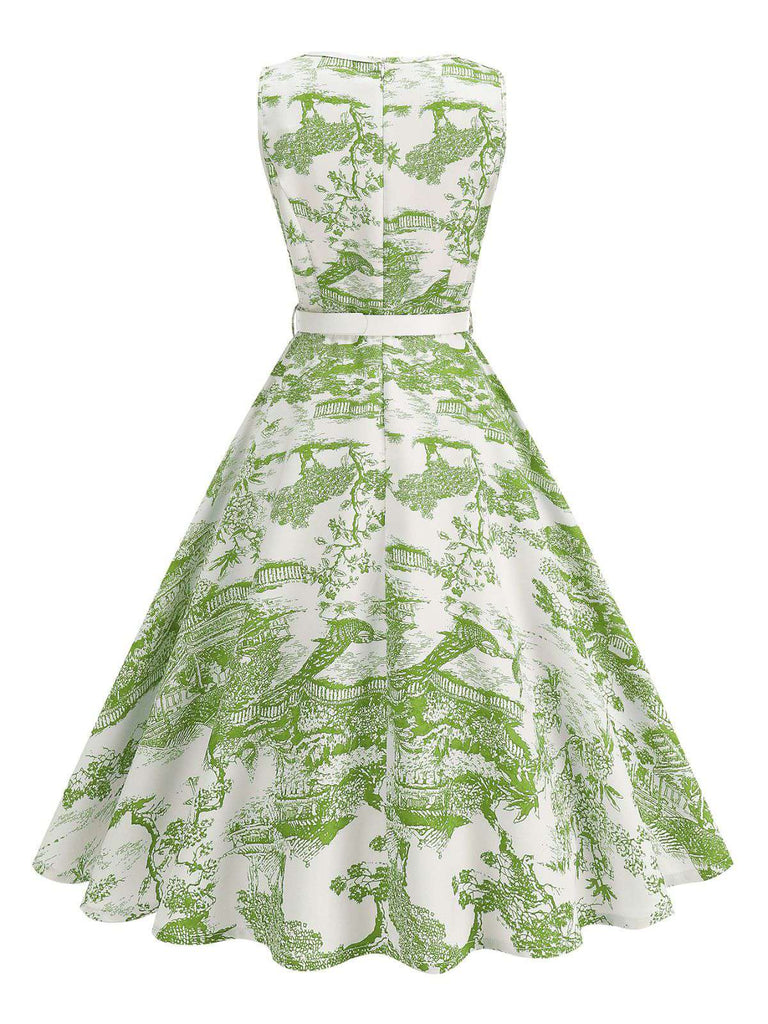 1950s Porcelain Landscape Sleeveless Belted Dress
