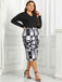 [Plus Size] Black 1960s Geometric Long Sleeve Wrap Dress