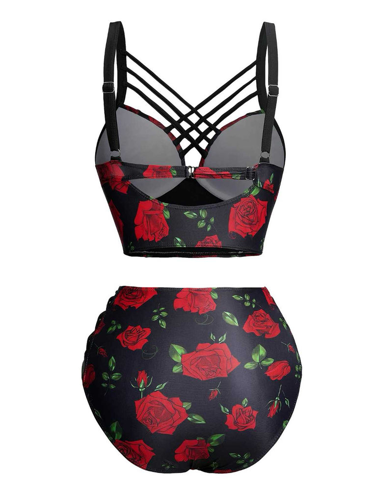 Black 1980s Strap Roses Gothic Bikini Set