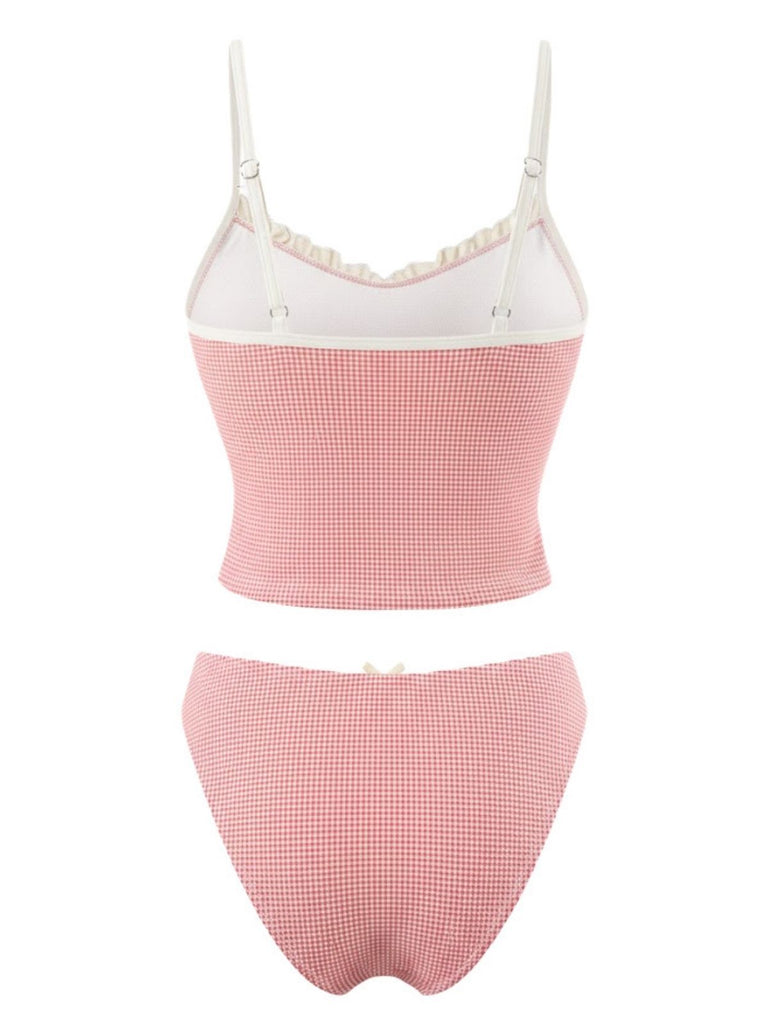 Red 1950s Checkered Lace Trim Tankini Set
