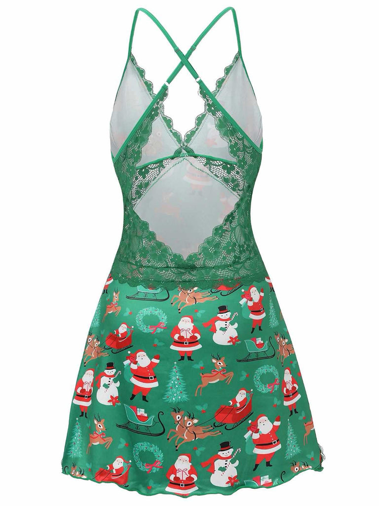 Green 1960s Slip Christmas Print Bow Nightgown