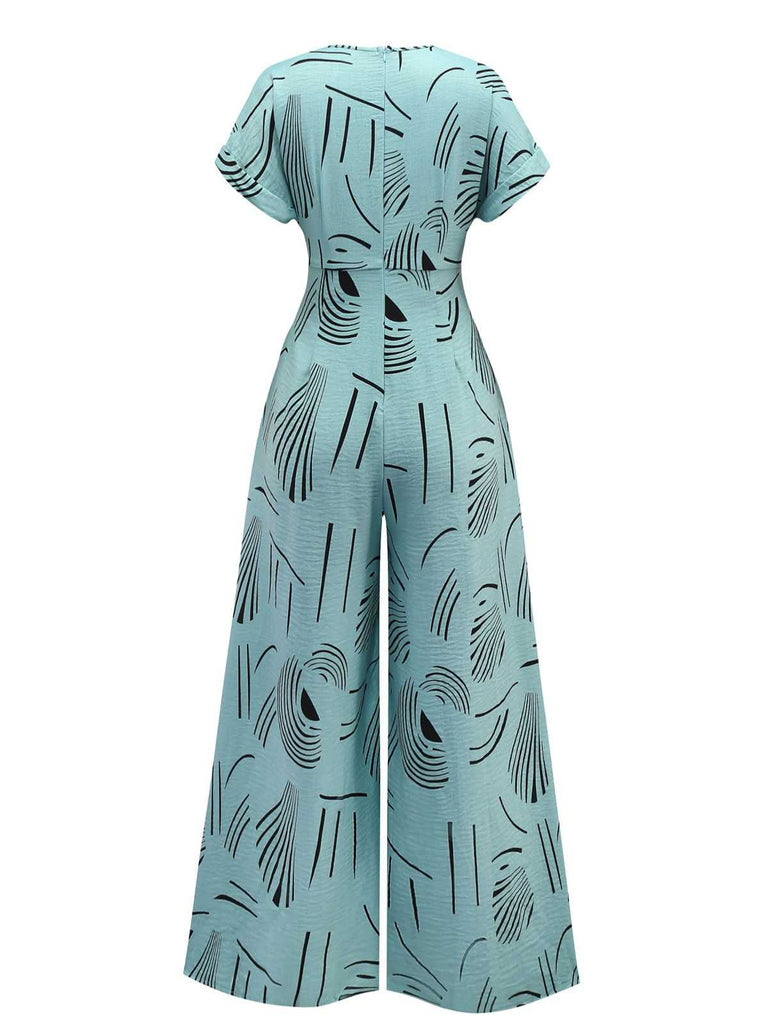 1970s V-Neck Abstract Line Wide-Leg Jumpsuit