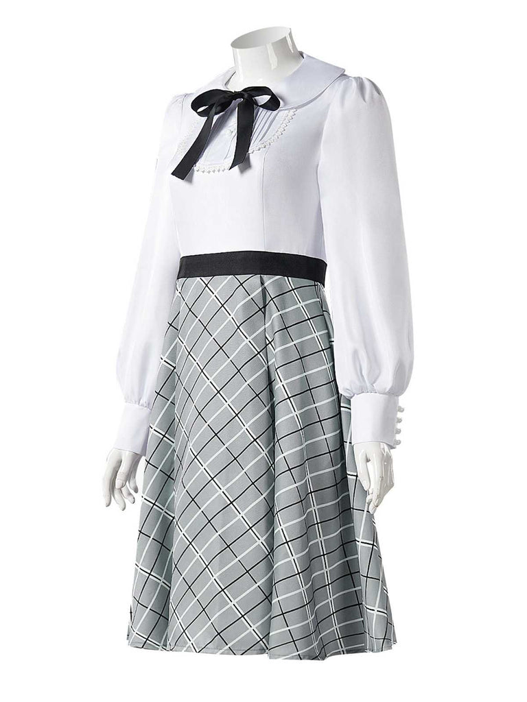 Grey 1940s Peter Pan Collar Bow Plaid Dress