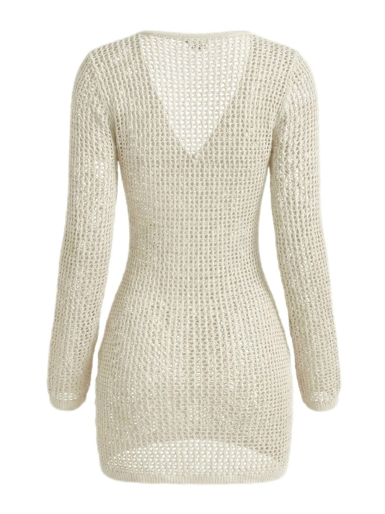 1980s Crochet Knit Cutout Ring Long Sleeve Cover-Up