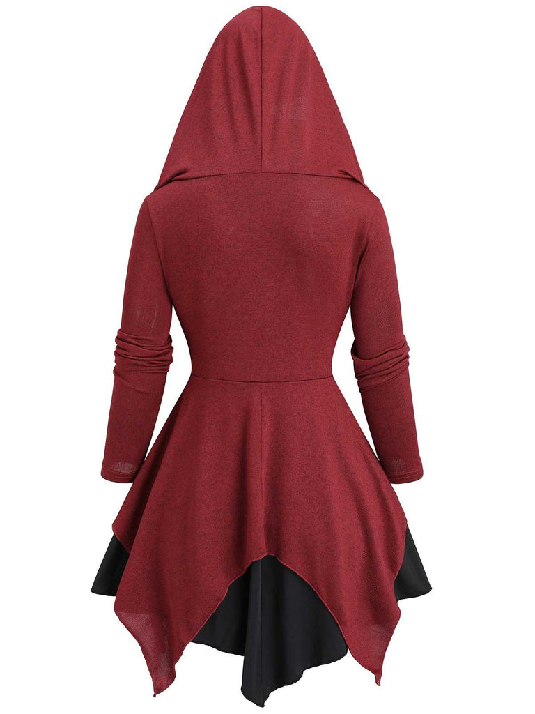 Red 1980s Asymmetrical Hem Gothic Hooded Jacket