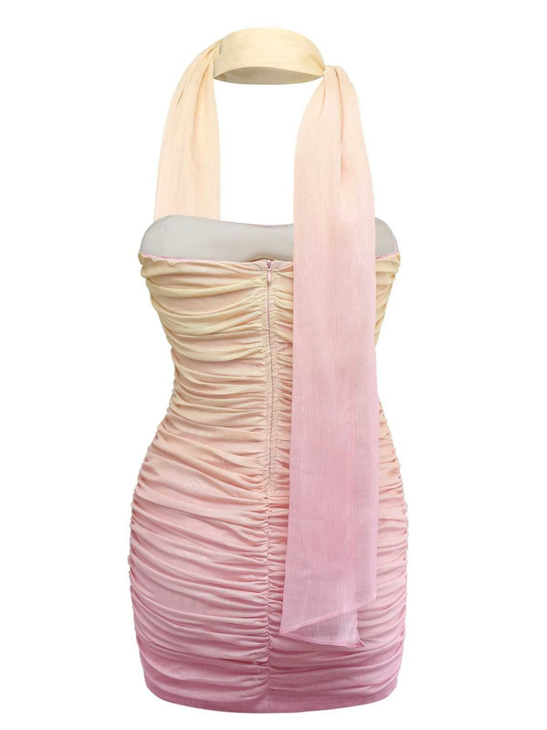 1960s Strapless Gradient Ruched Bodycon Dress With Scarf