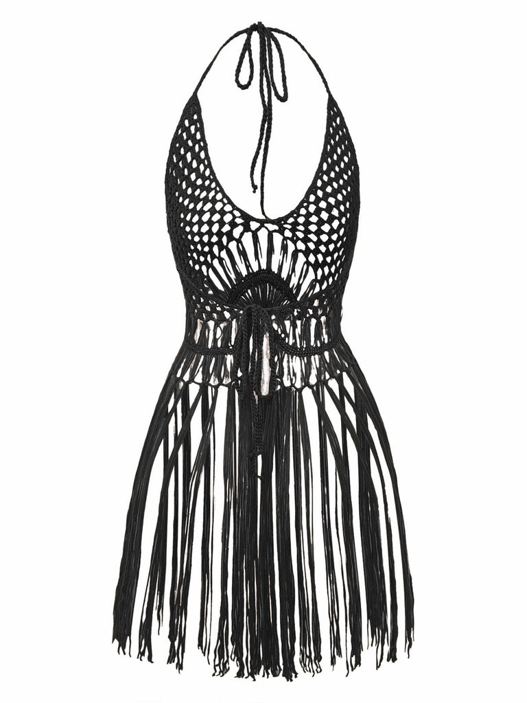 1960s Crochet Fringe Cutout Halter Bikini Cover-Up