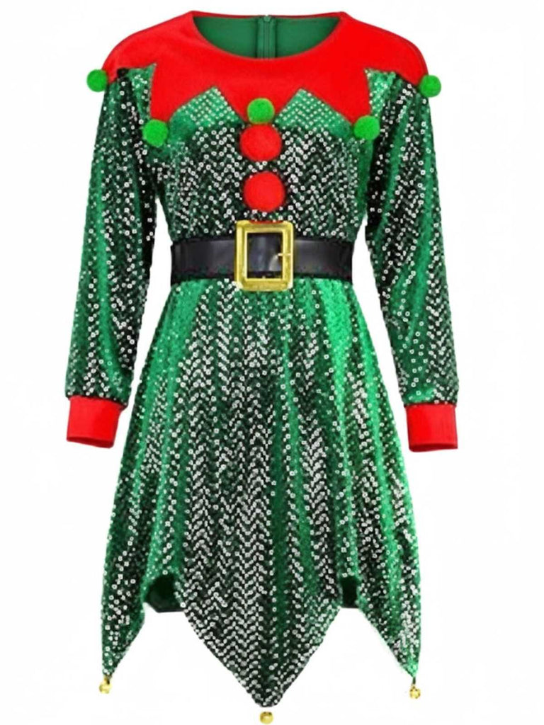 Green 1950s Sequin Christmas Elf Costume Set