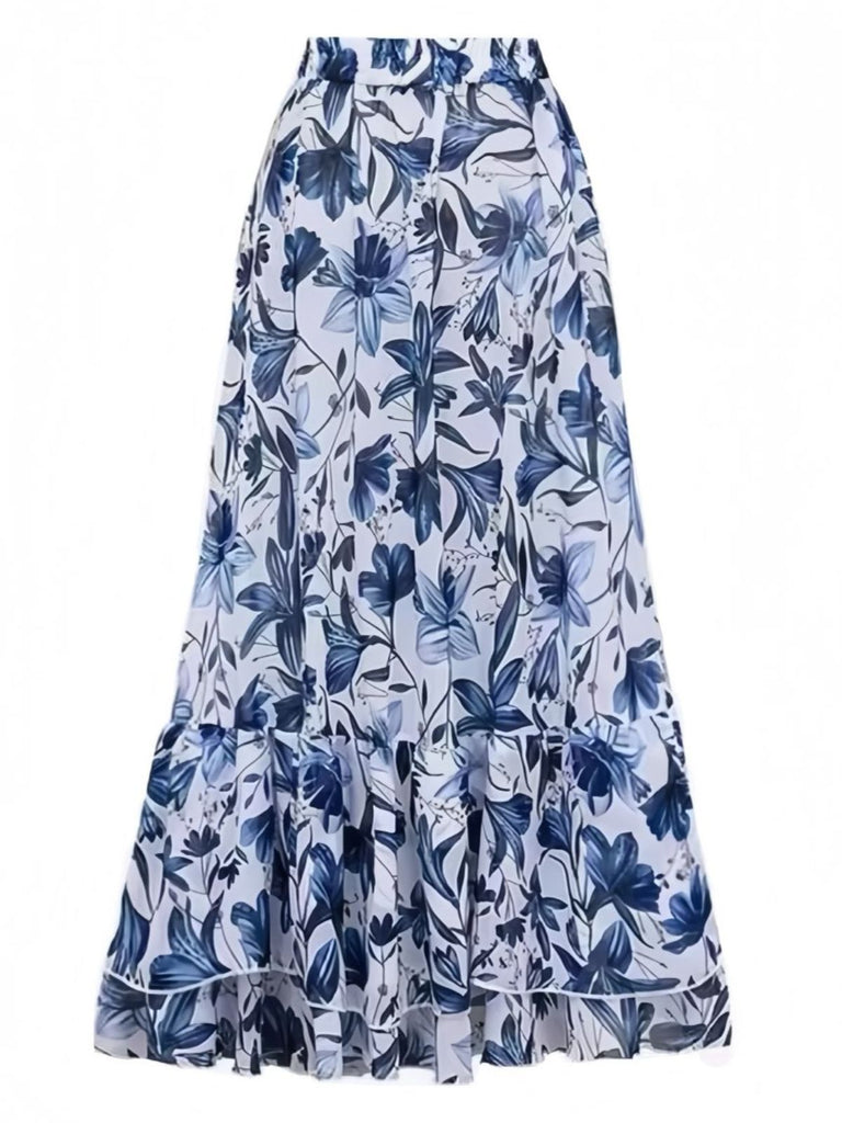 [Pre-Sale] 2PCS Blue 1940s Floral Tie-Shoulder Swimsuit Cover-Up