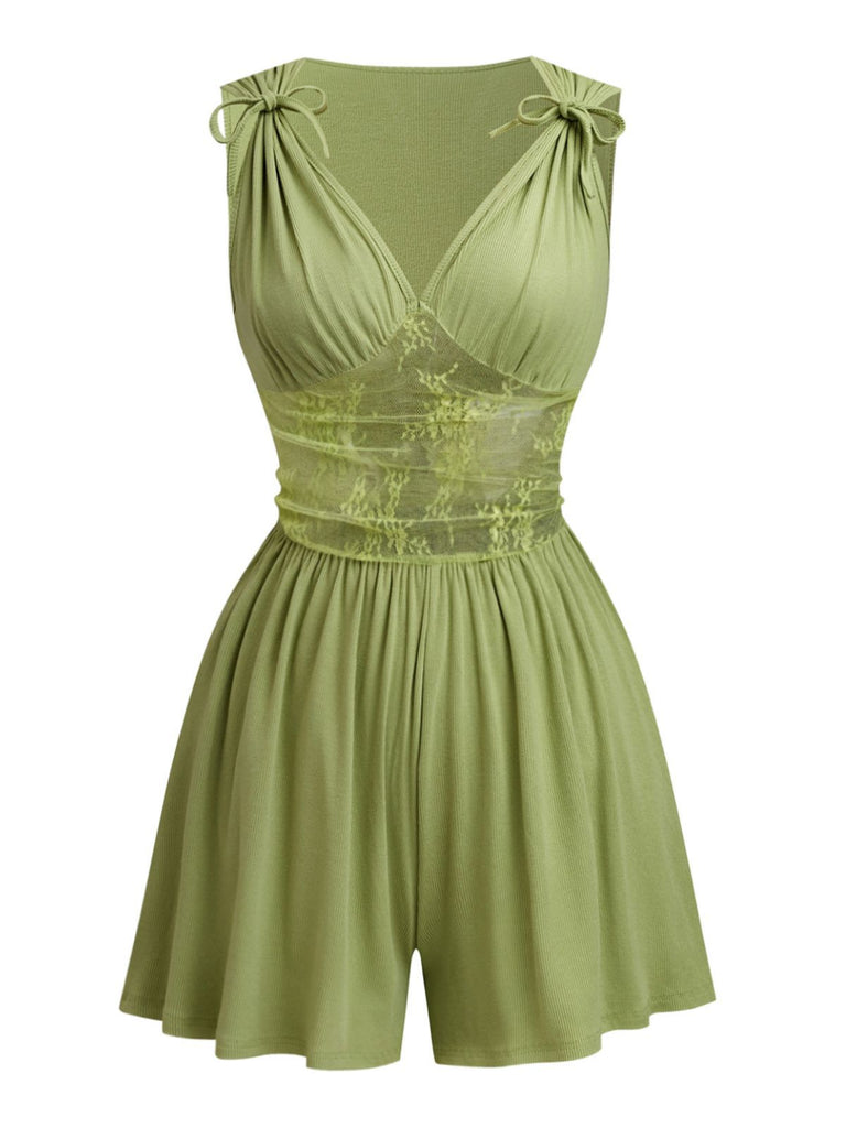 1950s Tie-Shoulder Lace Waist V-Neck Fit Romper