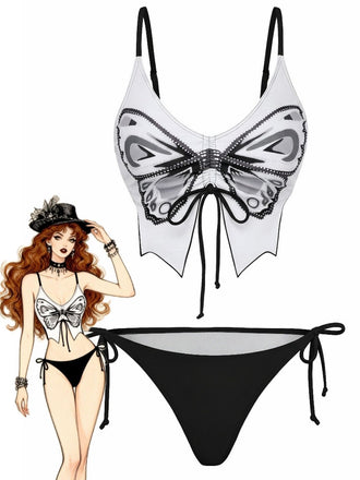 1970s Spaghetti Strap Butterfly Lace-Up Bikini Set