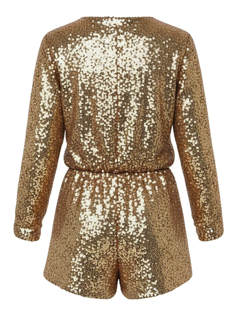 1970s V-Neck Sequin Long Sleeve Romper
