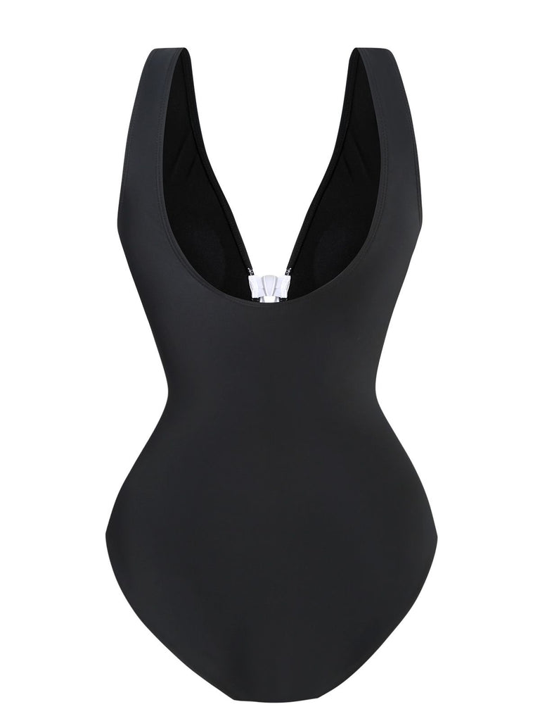 2PCS Black 1940s Bow One-Piece Swimsuit & Swim Skirt