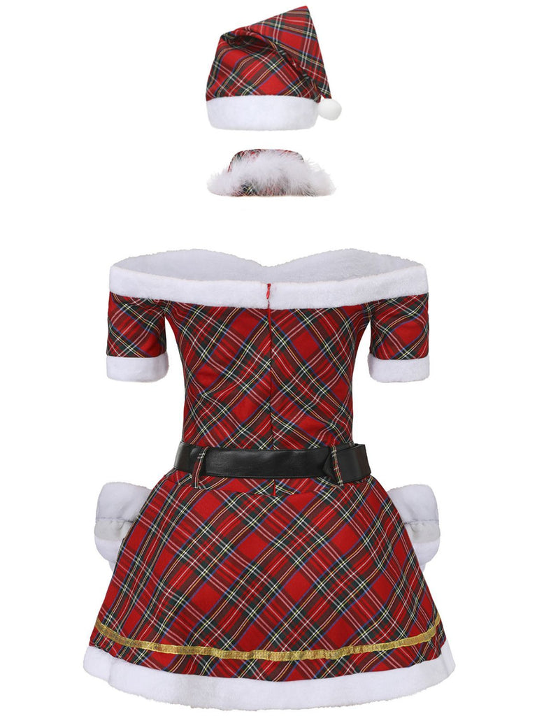 Red 1960s Off-Shoulder Plaid Christmas Dress Set