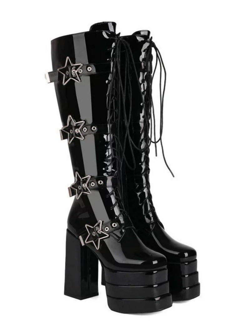 Black Star Button Gothic Platform High Heels Boots
