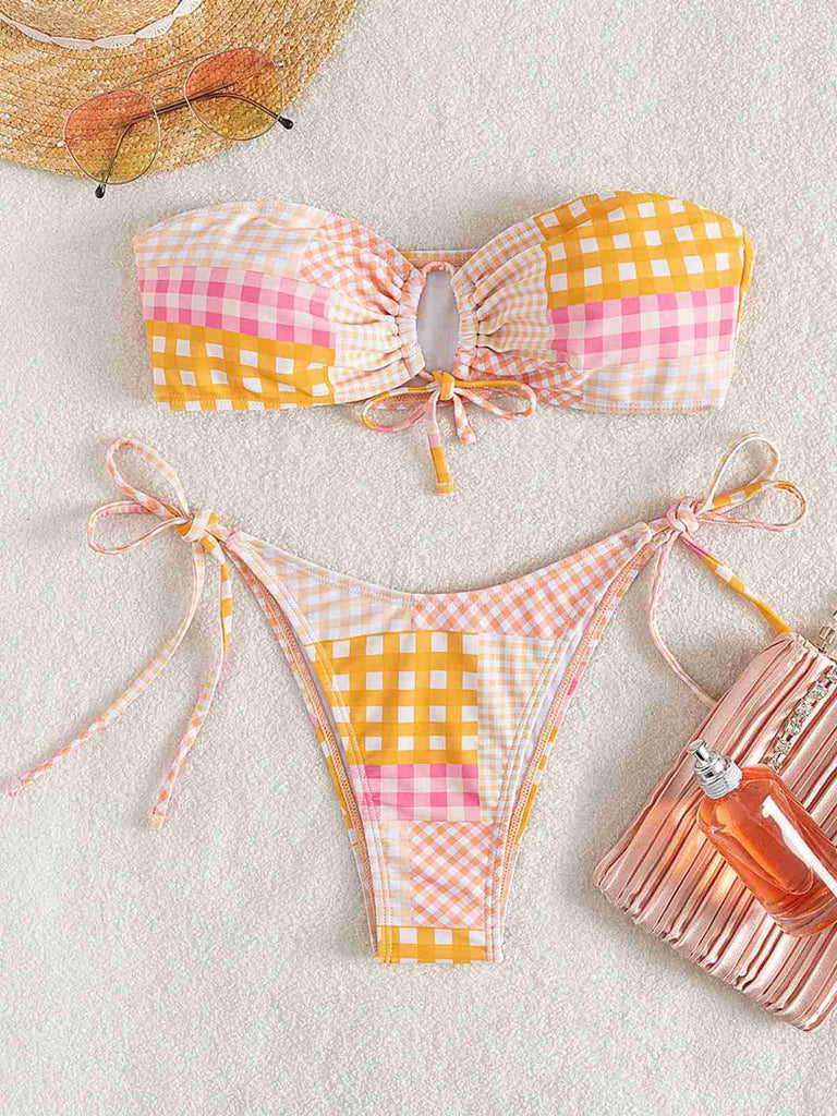 Pink 1970s Gingham Plaid Bandeau Bikini Set