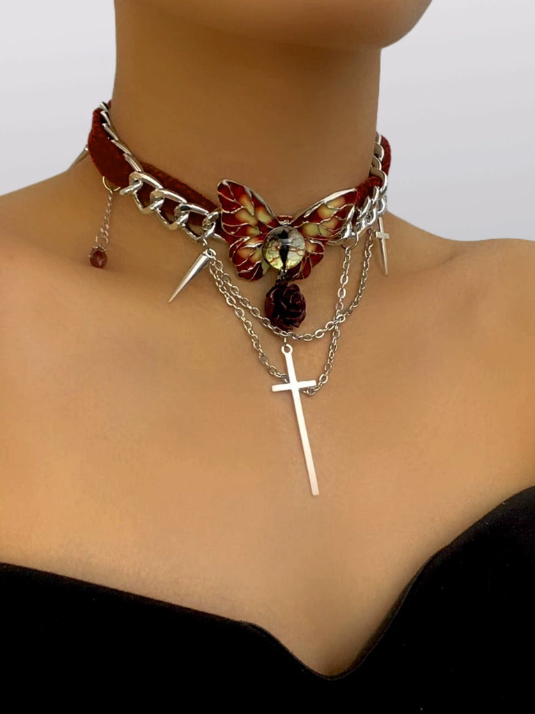 Gothic Cross Chains Rose Red Velvet Butterfly Choker