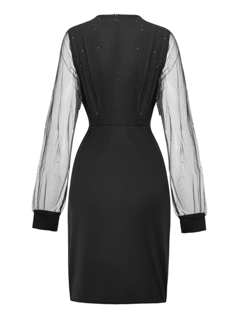 1960s Solid Glitter V-Neck Mesh Bodycon Dress