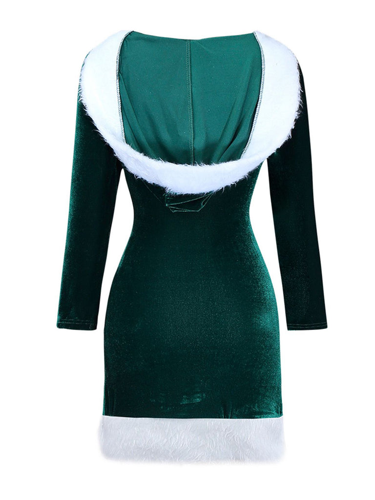 1980s Christmas Fur Trim Hooded Velvet Dress