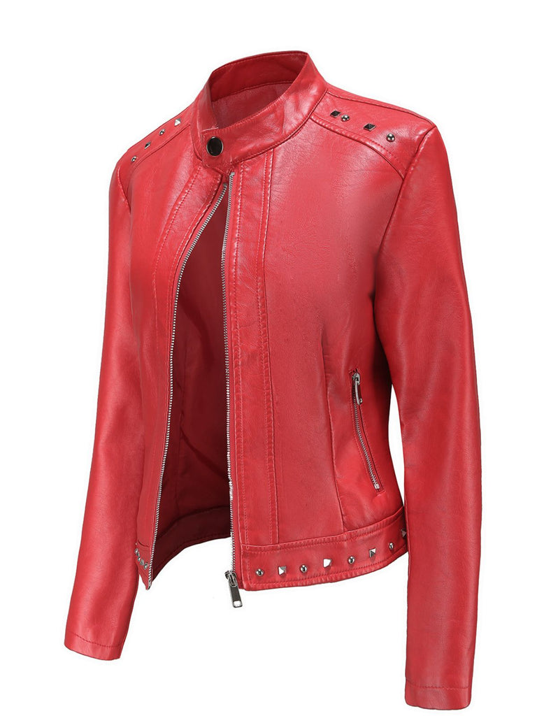 1940s Solid Studded Stand Collar Leather Jacket