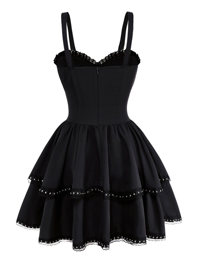 Black 1980s Gothic Layered Lace Slip Dress