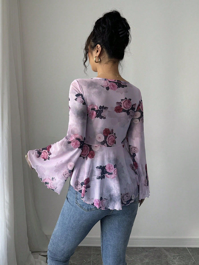 1930s Floral V-Neck Flare Chiffon Blouse