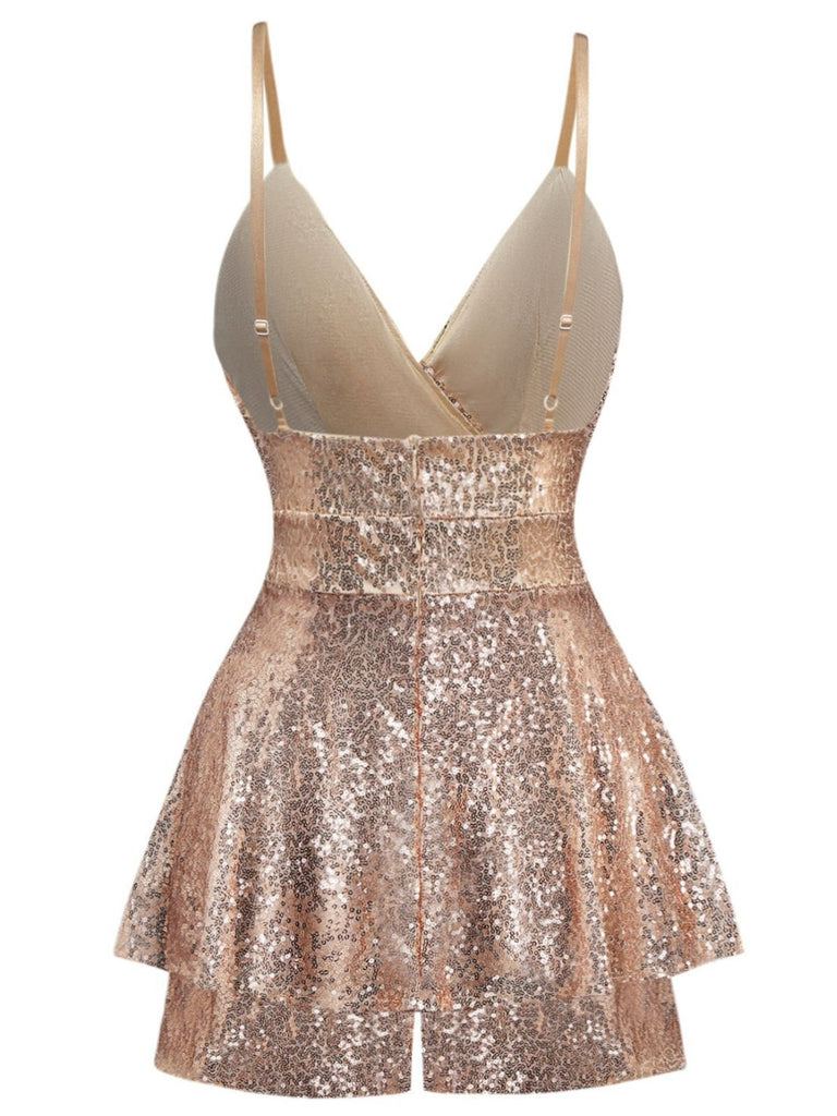 1960s Sequined Strappy V-Neck Culotte Romper
