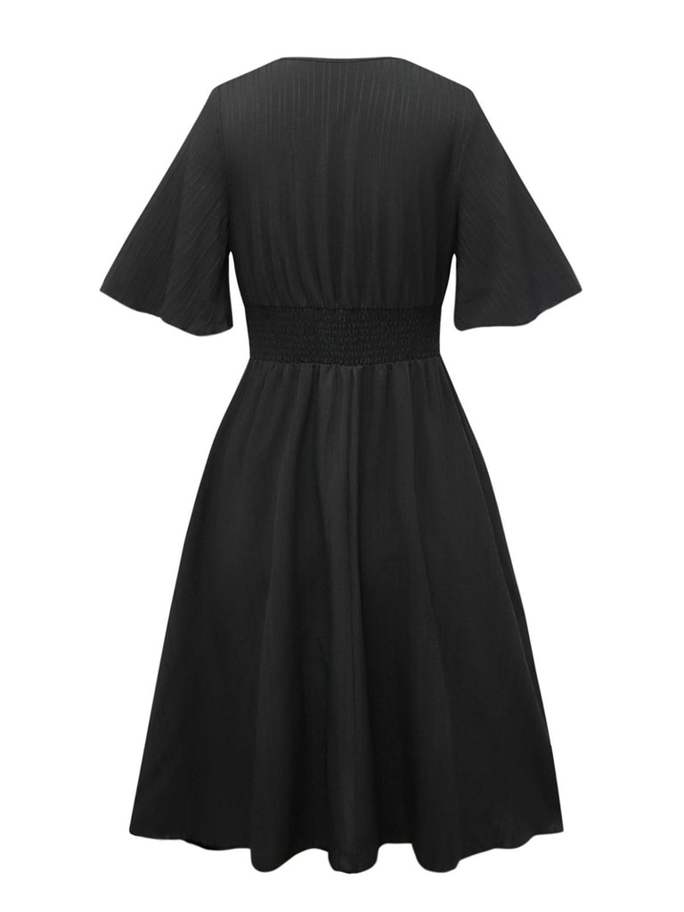 Black 1940s Embroidery Boho V-Neck Dress