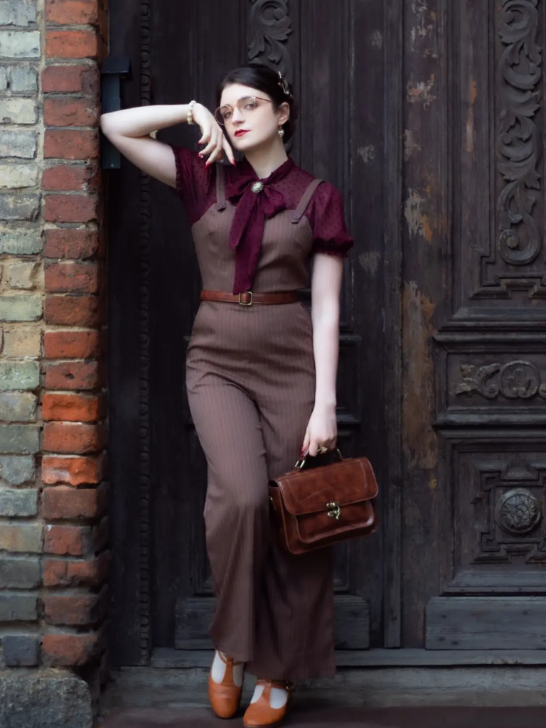 Red 1930s Mesh Patchwork Vertical Stripe Jumpsuit