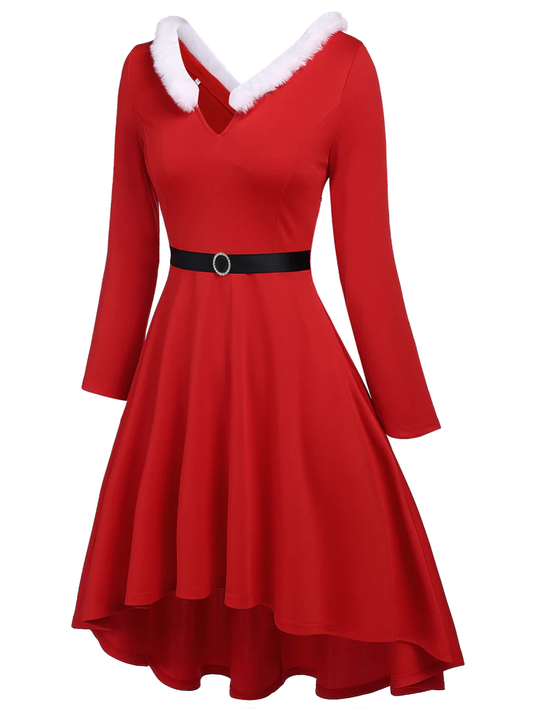 [Plus Size] Red 1950s Furry Solid Swing Dress