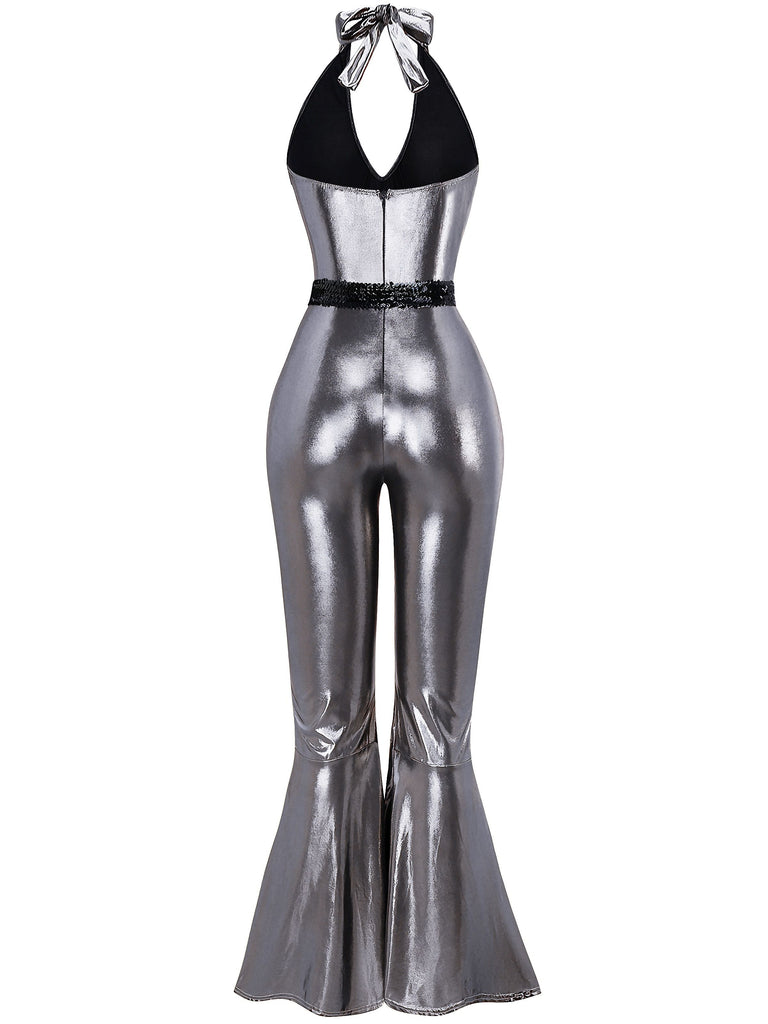 1970s Metallic Disco Halter Belted Jumpsuit