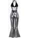 1970s Metallic Disco Halter Belted Jumpsuit